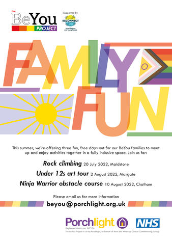 Poster promoting family events for the BeYou Project, a service supporting LGBTQ+ young people run by Porchlight charity